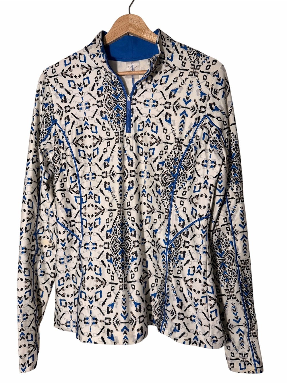 CALIA by Carrie Underwood Cream Printed Half-Zip Jacket with Blue Accents